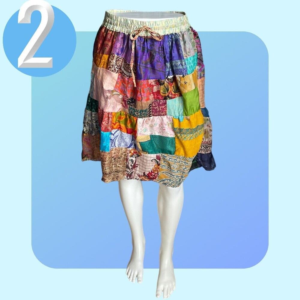Art Studio Women's 100% Silk Patchwork Aline Skirt S 0 2 4 India Multicolor Boho